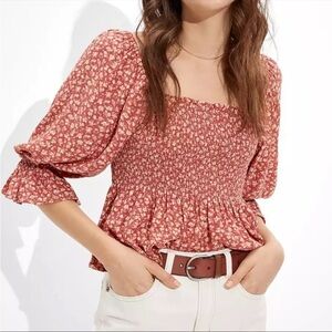 American Eagle | Floral Smocked Square Neck Babydoll Top